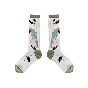 LIMISEVEN · Muted-Tone Hand-Drawn Floral Calf Socks