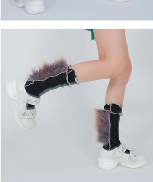 LIMISEVEN · Raccoon Dog Fur Patchwork Mid-Calf Socks