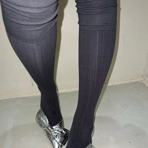 LIMISEVEN · Solid-Color Ribbed Knee-High Socks with Contrast Cuffs