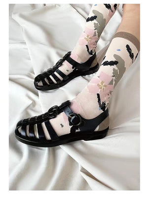 LIMISEVEN · Muted-Tone Hand-Drawn Floral Calf Socks