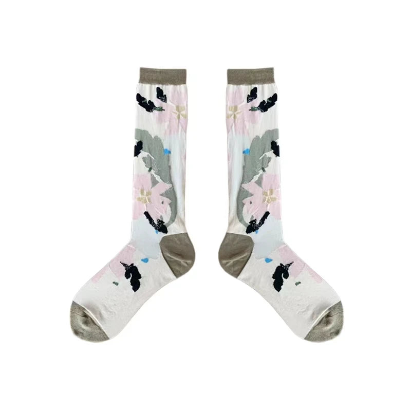 LIMISEVEN · Muted-Tone Hand-Drawn Floral Calf Socks