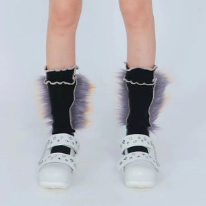 LIMISEVEN · Raccoon Dog Fur Patchwork Mid-Calf Socks