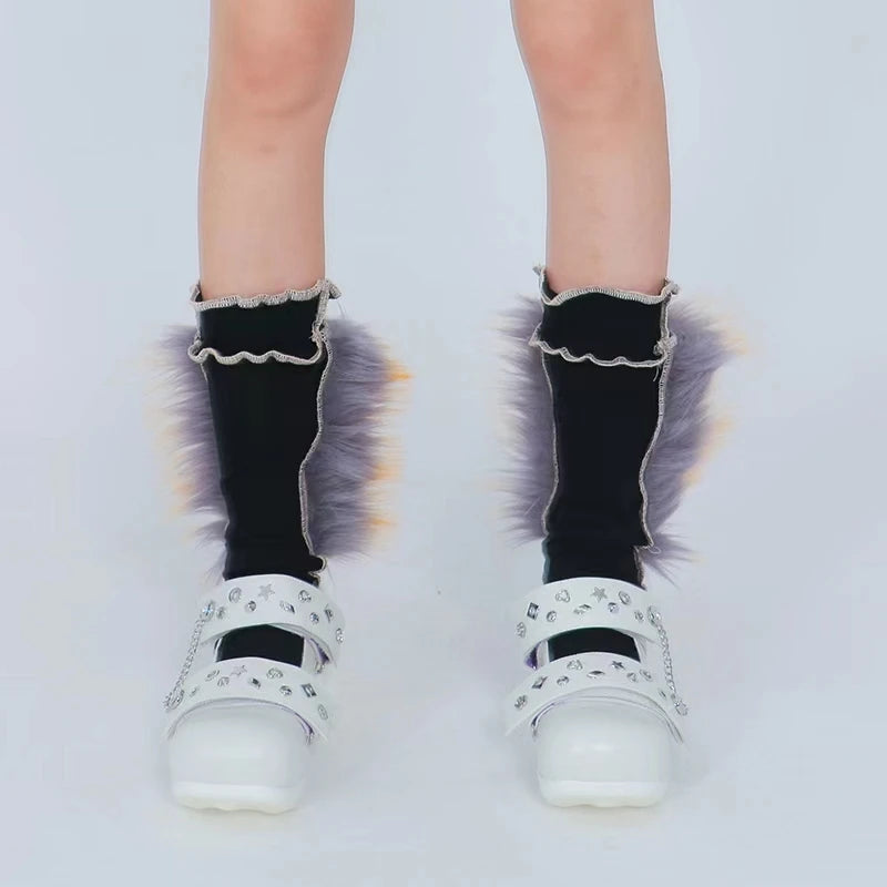 LIMISEVEN · Raccoon Dog Fur Patchwork Mid-Calf Socks