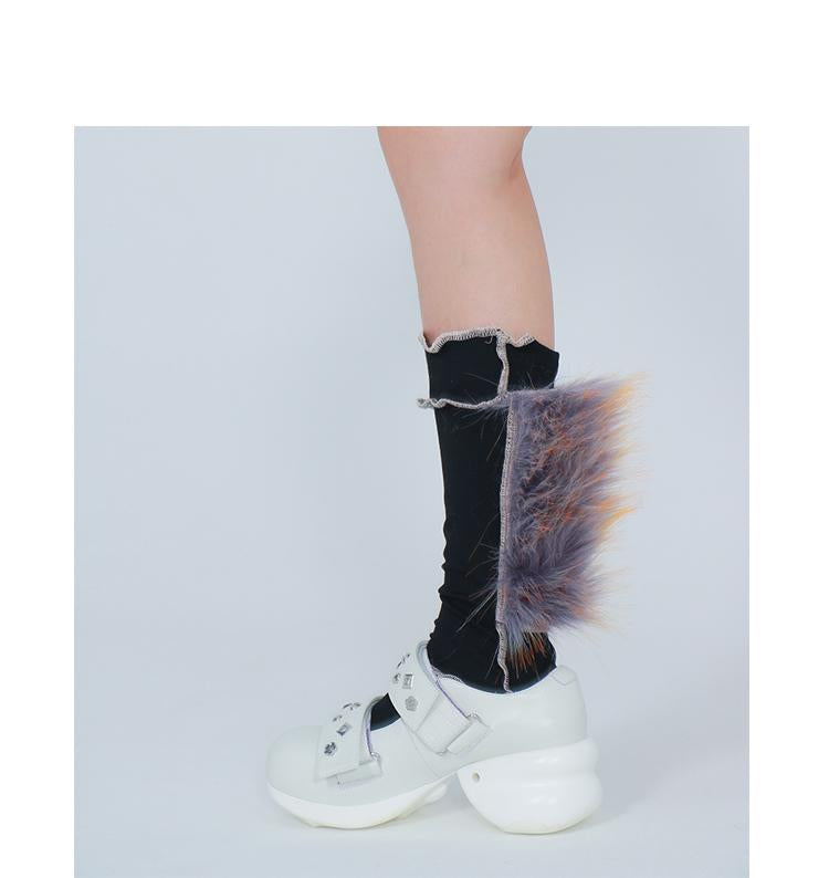 LIMISEVEN · Raccoon Dog Fur Patchwork Mid-Calf Socks