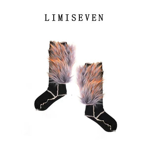 LIMISEVEN · Raccoon Dog Fur Patchwork Mid-Calf Socks