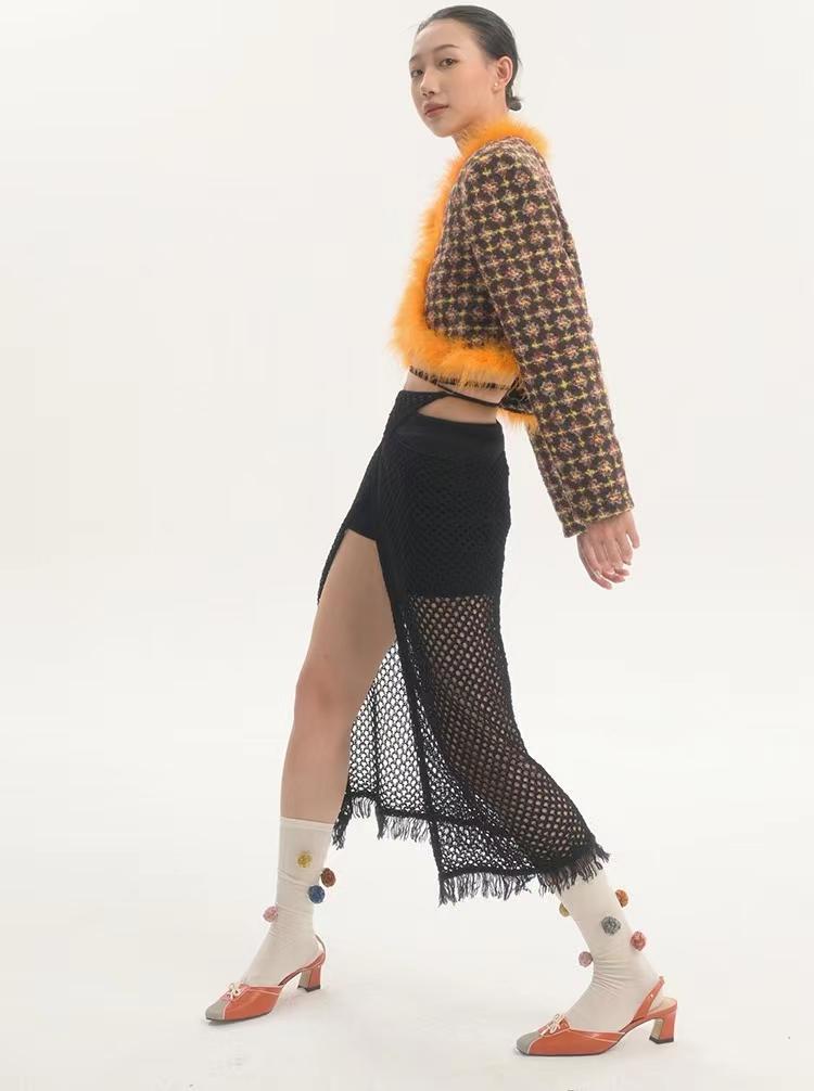 LIMISEVEN · Convertible Tie-Up Openwork Frayed Knit Skirt and Shawl