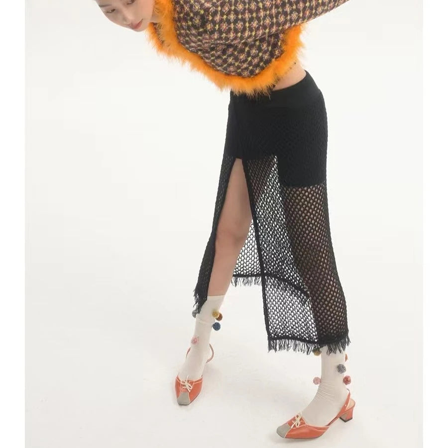 LIMISEVEN · Convertible Tie-Up Openwork Frayed Knit Skirt and Shawl