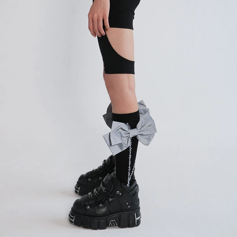 LIMISEVEN · Detachable Reflective Bow Thorn-Pattern Calf Socks