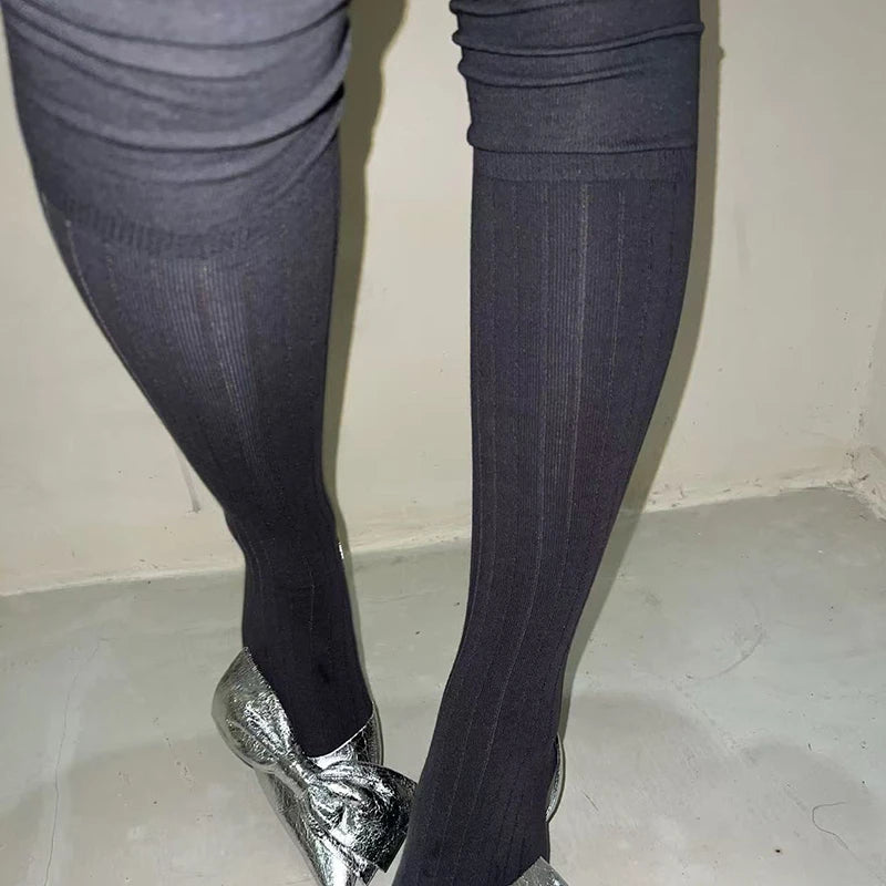 LIMISEVEN · Solid-Color Ribbed Knee-High Socks with Contrast Cuffs