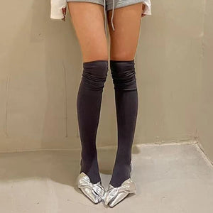 LIMISEVEN · Solid-Color Ribbed Knee-High Socks with Contrast Cuffs
