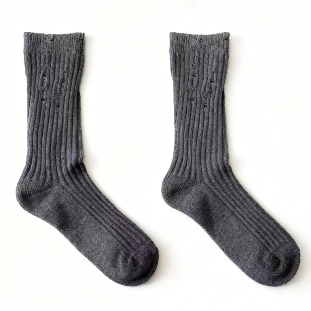 LIMISEVEN · Distressed Ribbed Mid-Calf Socks