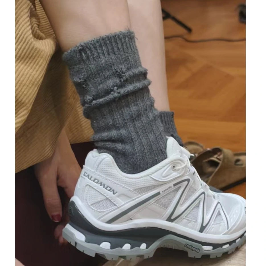 LIMISEVEN · Distressed Ribbed Mid-Calf Socks