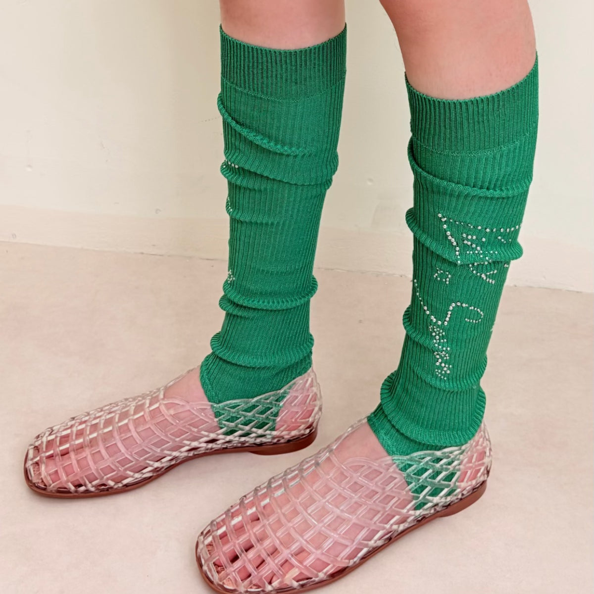 Limiseven rhinestone logo hot-fix crystal stacked foot-covering socks