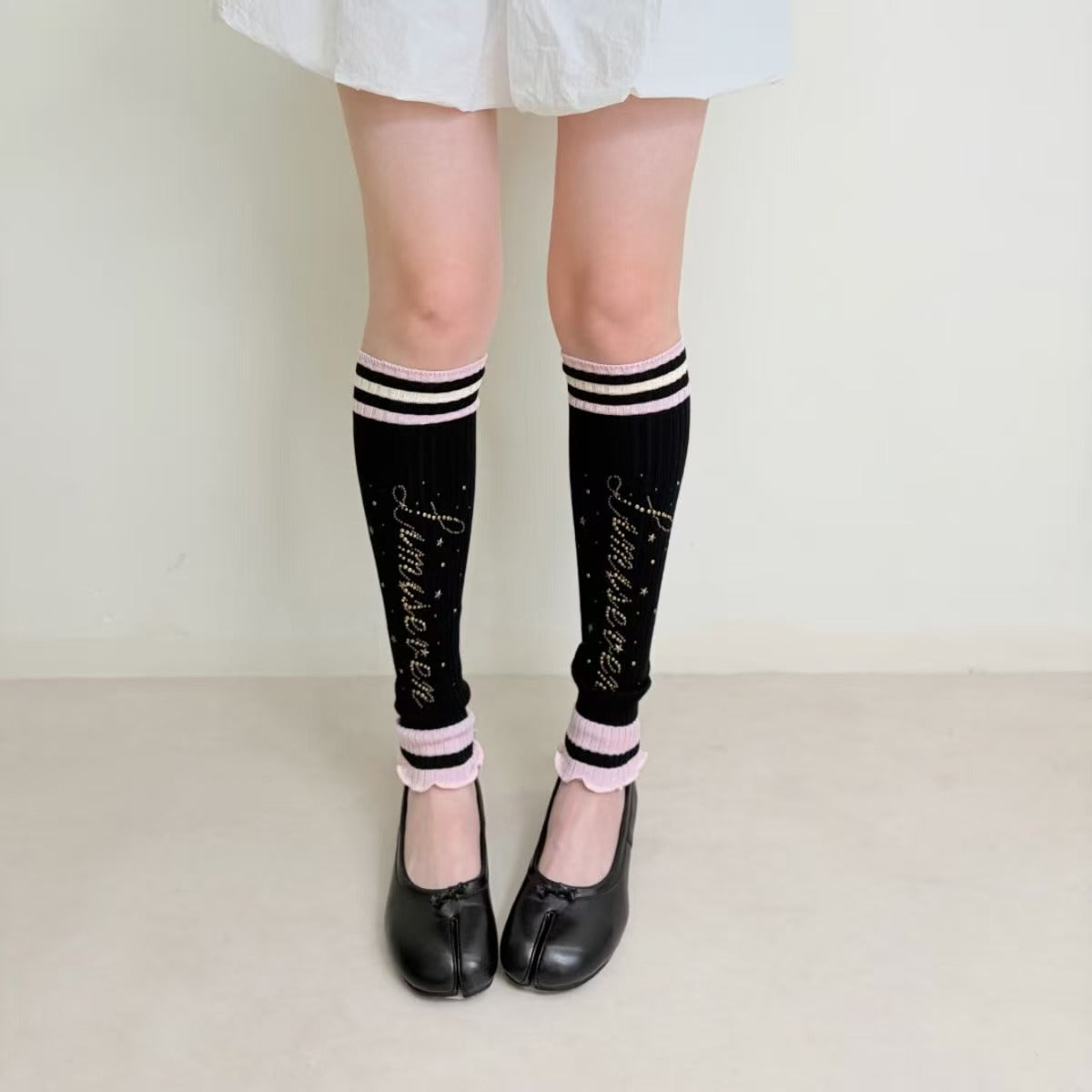limiseven striped ribbed logo studded design stacked sock sleeves