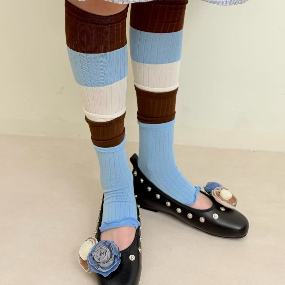 limiseven patchwork color-block calf scrunch lace half-palm sock sleeves