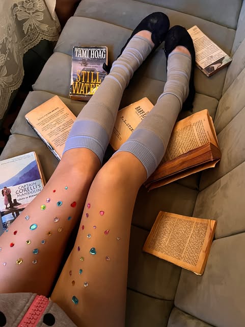 Layered grey socks with books