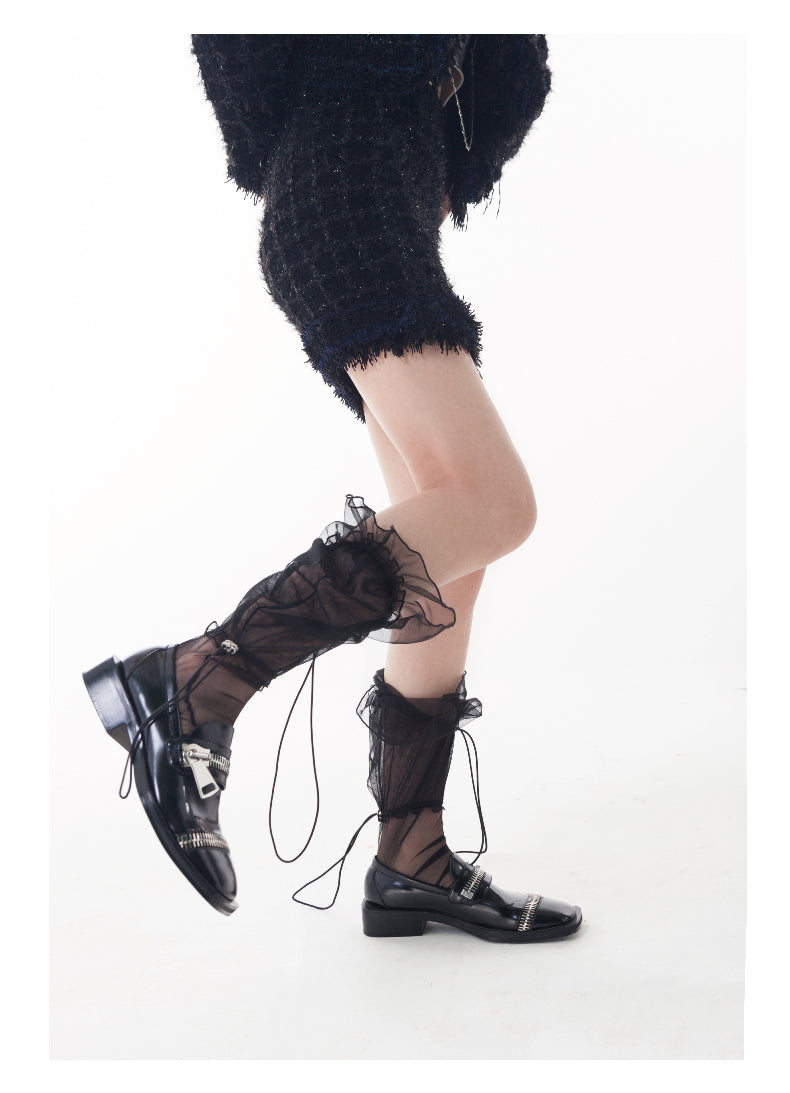 LIMISEVEN · Adjustable Drawstring Tulle Pleated Lace Socks